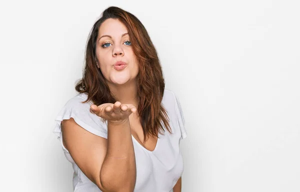 Young Size Woman Wearing Casual White Shirt Looking Camera Blowing — ストック写真