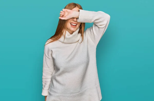 Young Irish Woman Wearing Casual Winter Sweater Covering Eyes Arm — Foto de Stock