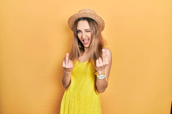 Young Blonde Girl Wearing Summer Hat Showing Middle Finger Doing — Foto Stock