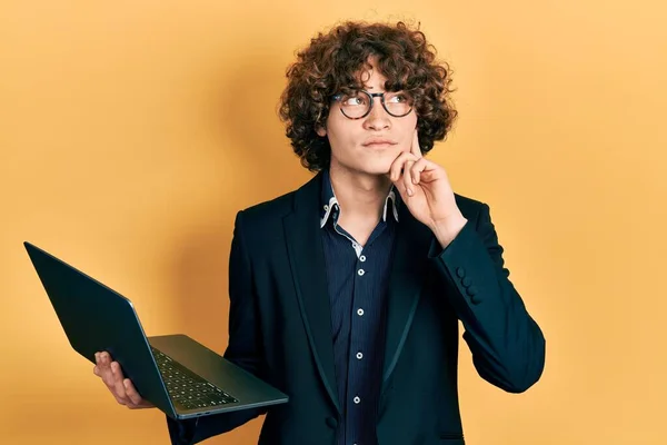 Handsome Young Man Working Using Computer Laptop Serious Face Thinking —  Fotos de Stock