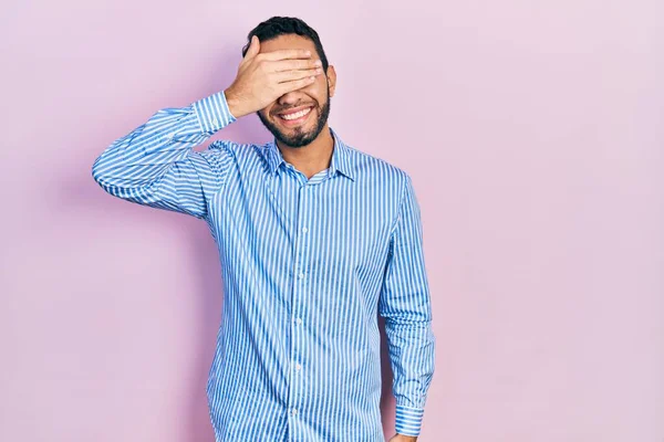 Hispanic Man Beard Wearing Casual Blue Shirt Smiling Laughing Hand — ストック写真
