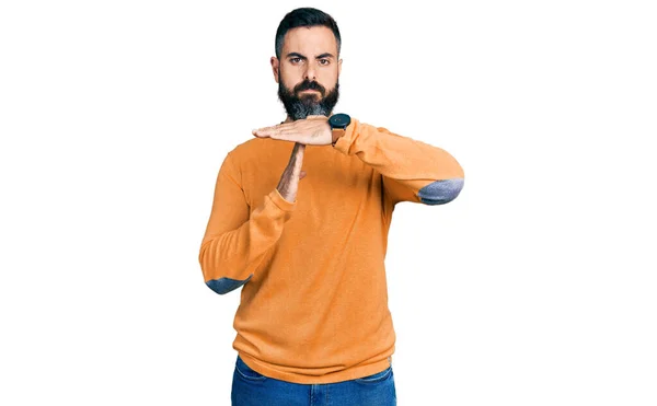 Hispanic Man Beard Wearing Casual Winter Sweater Doing Time Out — Stock fotografie