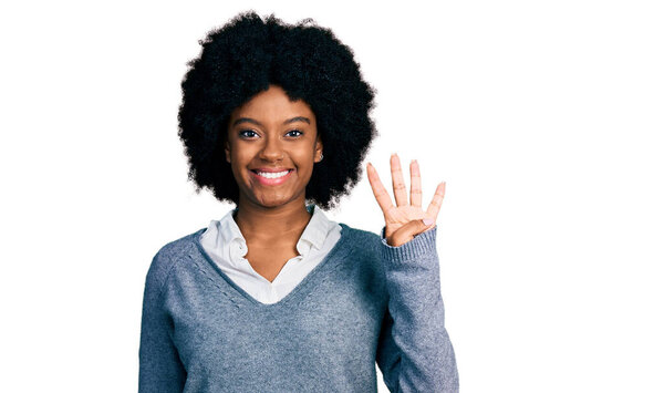 Young african american woman wearing business clothes showing and pointing up with fingers number four while smiling confident and happy. 