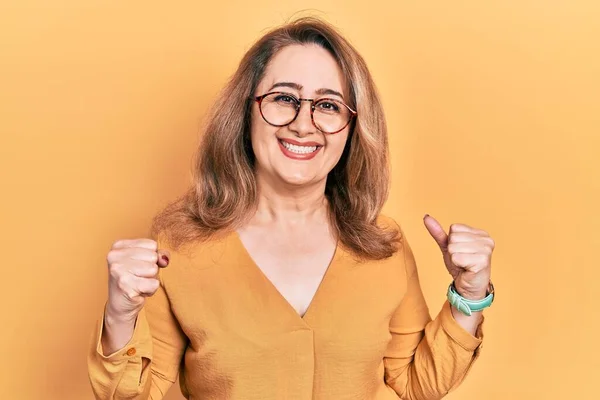 Middle Age Caucasian Woman Wearing Casual Clothes Glasses Excited Success — Fotografia de Stock