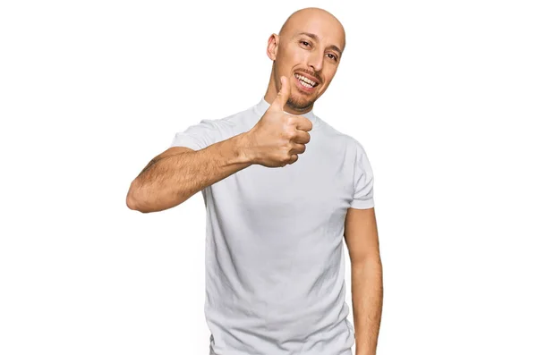 Bald Man Beard Wearing Casual White Shirt Doing Happy Thumbs — Photo