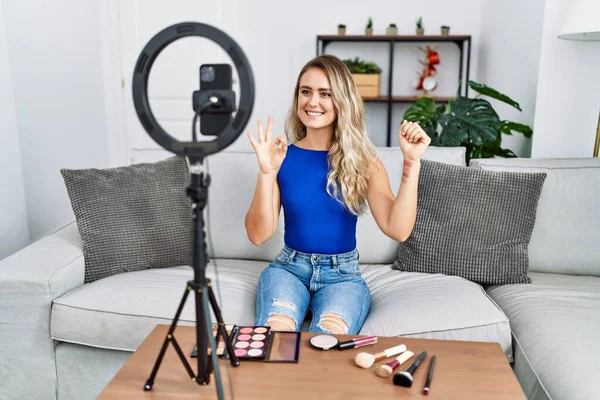 Young Beautiful Woman Recording Make Vlog Tutorial Smartphone Home Doing — Fotografia de Stock