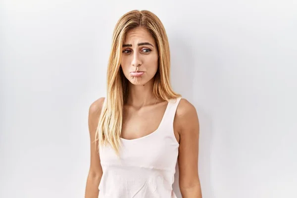 Blonde Beautiful Young Woman Standing White Isolated Background Depressed Worry — Photo