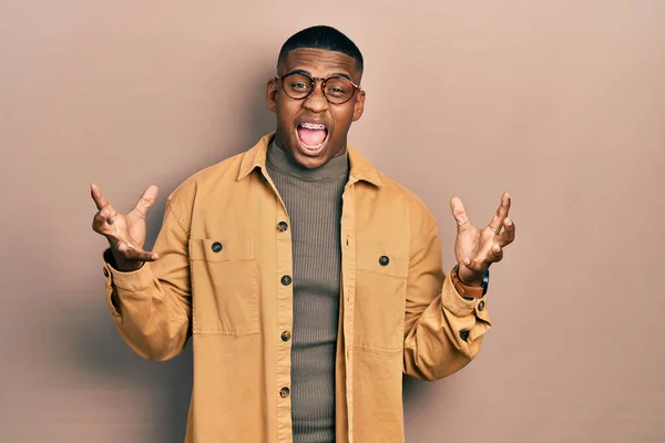 Young Black Man Wearing Casual Clothes Glasses Crazy Mad Shouting — Photo