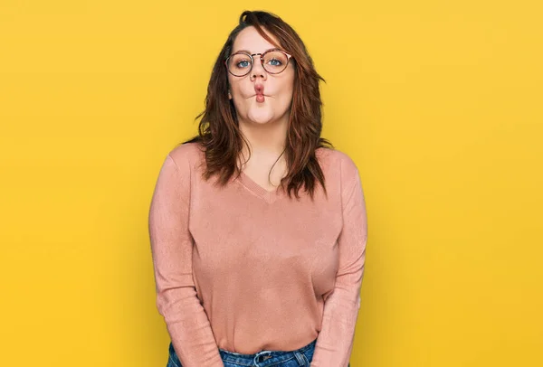 Young Size Woman Wearing Casual Clothes Glasses Making Fish Face —  Fotos de Stock