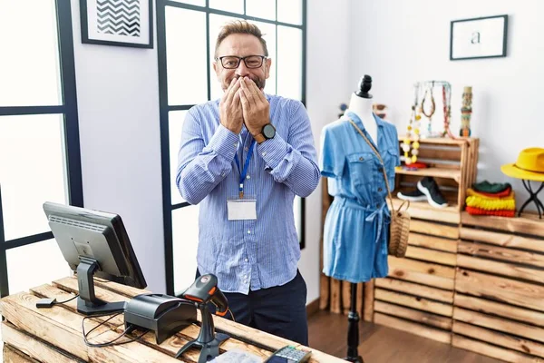 Middle Age Man Working Manager Retail Boutique Laughing Embarrassed Giggle — Stock Fotó