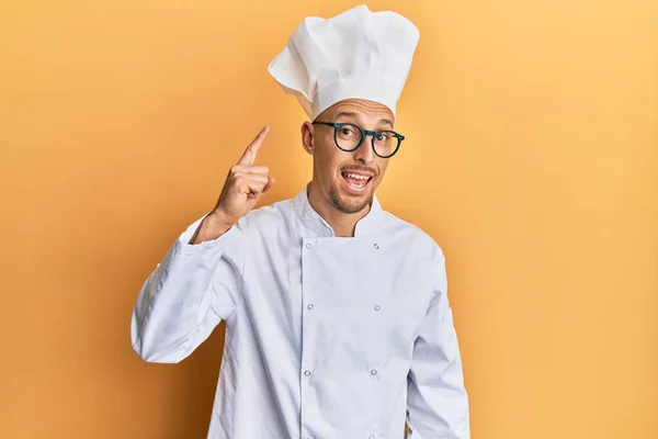 Bald Man Beard Wearing Professional Cook Uniform Pointing Finger Successful — Stockfoto