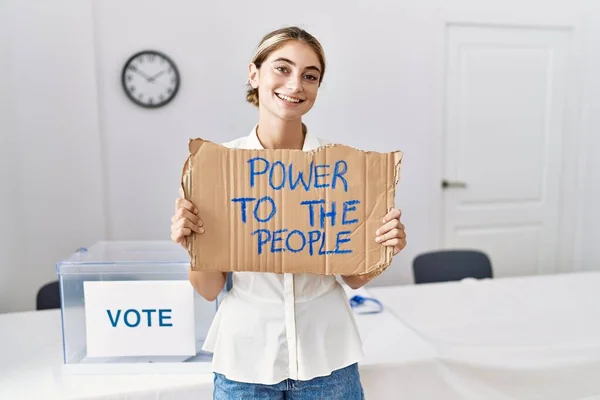 Young Blonde Woman Political Election Holding Power People Banner Looking — Stockfoto
