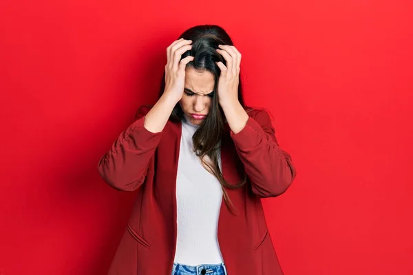 Young Brunette Teenager Wearing Business Jacket Suffering Headache Desperate Stressed — ストック写真