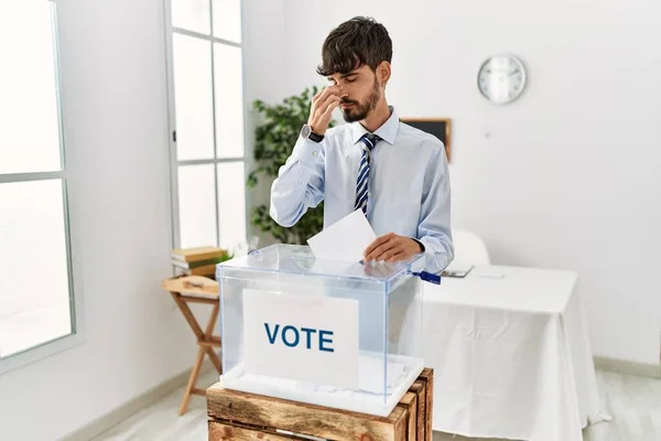 Hispanic Man Beard Voting Putting Envelop Ballot Box Tired Rubbing — Fotografia de Stock