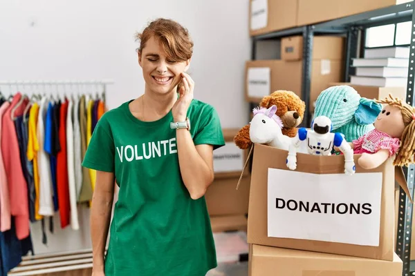 Beautiful Caucasian Woman Wearing Volunteer Shirt Donations Stand Touching Mouth — Fotografia de Stock