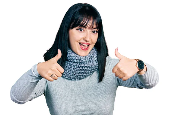 Young Hispanic Size Woman Wearing Winter Scarf Approving Doing Positive — 图库照片