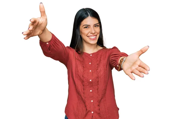 Young Hispanic Woman Wearing Casual Clothes Looking Camera Smiling Open — Stock Photo, Image