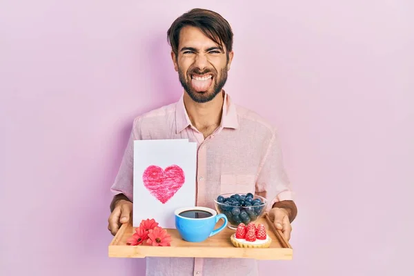 Young Hispanic Man Holding Tray Breakfast Food Heart Draw Sticking — Stock Photo, Image