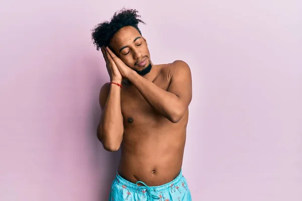Young African American Man Beard Wearing Swimsuit Sleeping Tired Dreaming — Foto Stock