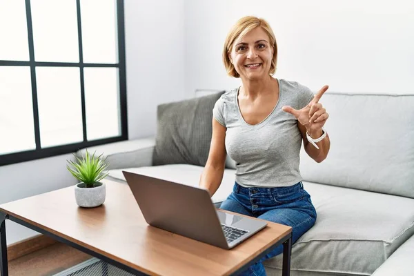 Middle Age Blonde Woman Using Laptop Home Cheerful Smile Face — Stock Fotó