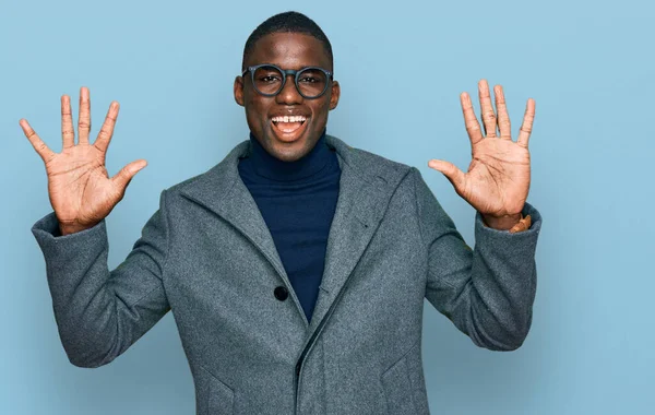 Young African American Man Wearing Business Clothes Glasses Showing Pointing — Foto de Stock