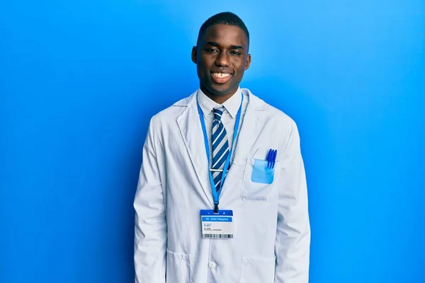 Young African American Man Wearing Scientist Uniform Looking Positive Happy — Fotografia de Stock