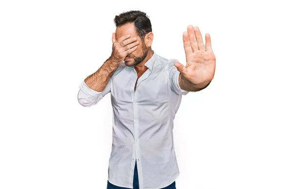 Middle Age Man Wearing Casual Clothes Covering Eyes Hands Doing — Stock Photo, Image