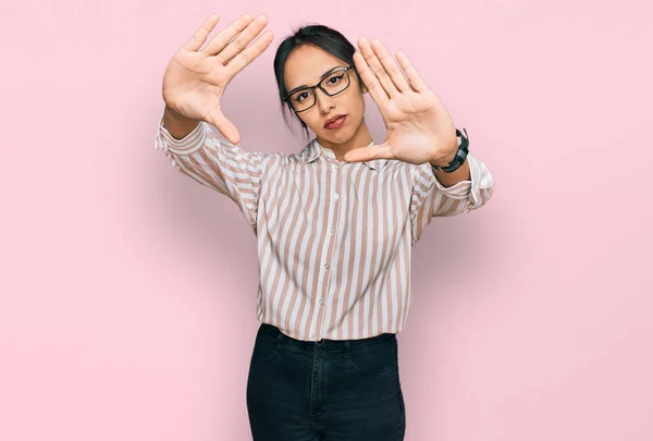 Young Hispanic Girl Wearing Casual Clothes Glasses Doing Frame Using — Stock Photo, Image