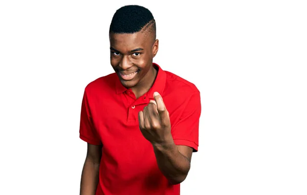 Young African American Man Wearing Casual Red Shirt Beckoning Come — Photo