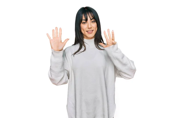 Young Brunette Woman Bangs Wearing Casual Turtleneck Sweater Showing Pointing — Foto de Stock