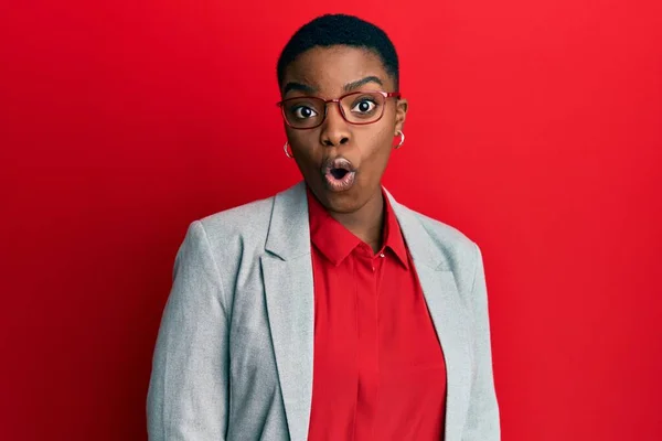 Young African American Woman Wearing Business Jacket Glasses Afraid Shocked — Stok fotoğraf