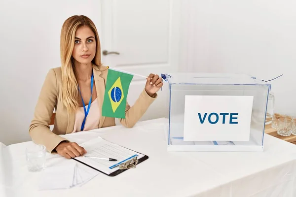 Blonde Beautiful Young Woman Political Campaign Election Holding Brazil Flag — Fotografia de Stock