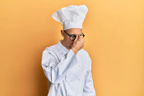 Bald Man Beard Wearing Professional Cook Uniform Tired Rubbing Nose — Stock fotografie