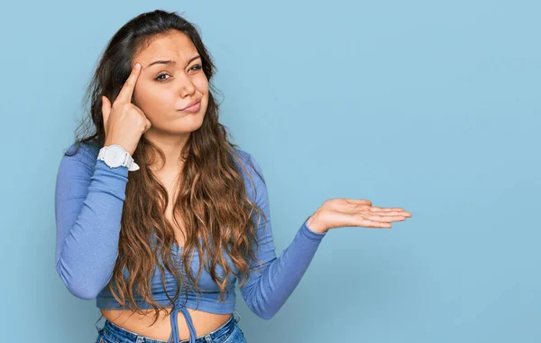 Young Hispanic Girl Wearing Casual Clothes Confused Annoyed Open Palm — Stock Photo, Image