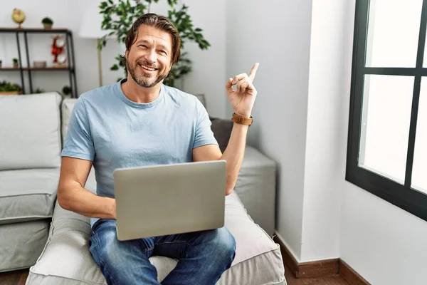 Handsome Middle Age Man Using Computer Laptop Sofa Big Smile — Stok fotoğraf