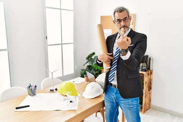 Middle Age Hispanic Business Man Holding Paper Blueprints Showing Middle — Stockfoto