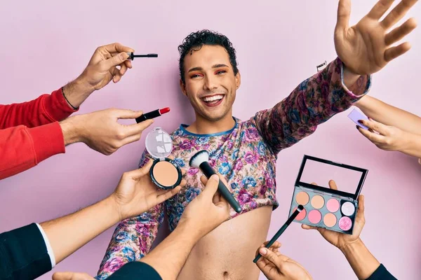 Handsome Man Wearing Make Make Cosmetics Looking Camera Smiling Open — Fotografia de Stock