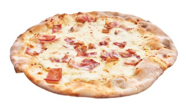  Beyaz arka planda izole edilmiş tek Carbonara italyan pizzası.