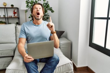 Handsome middle age man using computer laptop on the sofa amazed and surprised looking up and pointing with fingers and raised arms. 
