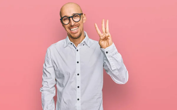 Bald Man Beard Wearing Business Shirt Glasses Showing Pointing Fingers — Foto Stock