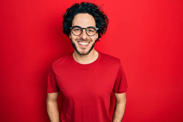 Handsome Hispanic Man Wearing Casual Shirt Glasses Happy Cool Smile — Stock fotografie