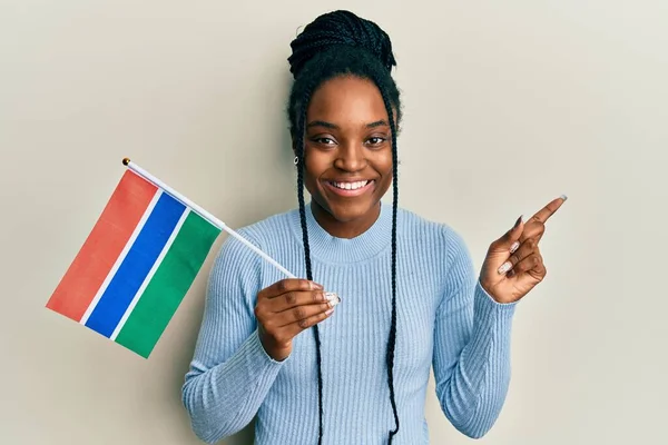 African American Woman Braided Hair Holding Gambia Flag Smiling Happy — Photo