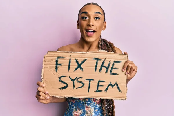 Hispanic Man Wearing Make Long Hair Holding Fix System Banner — Photo