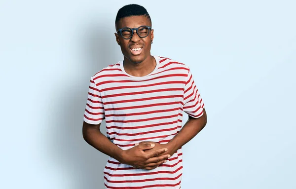 Young African American Man Wearing Casual Shirt Glasses Hand Stomach — Stock Photo, Image