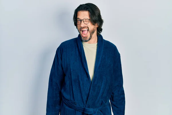 Middle Age Caucasian Man Wearing Bathrobe Glasses Winking Looking Camera — Fotografia de Stock