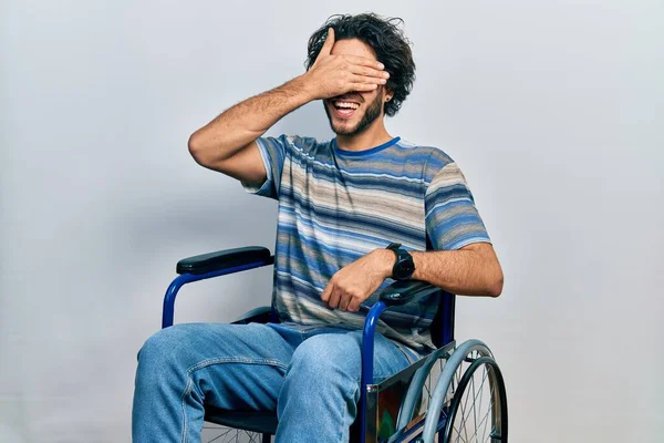 Handsome Hispanic Man Sitting Wheelchair Smiling Laughing Hand Face Covering — Foto Stock