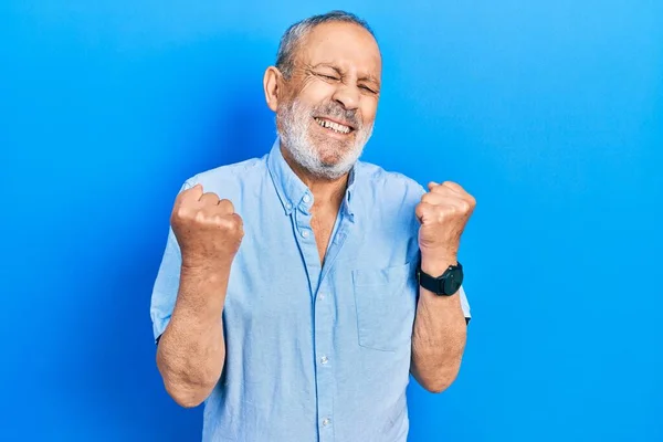 Handsome Senior Man Beard Wearing Casual Blue Shirt Very Happy — Stok fotoğraf