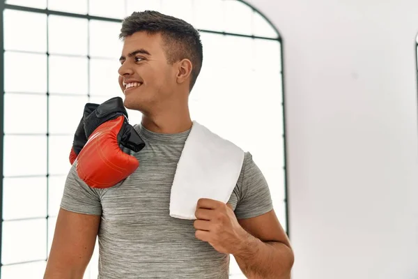 Young Hispanic Man Smiling Confident Holding Boxing Gloves Sport Center —  Fotos de Stock