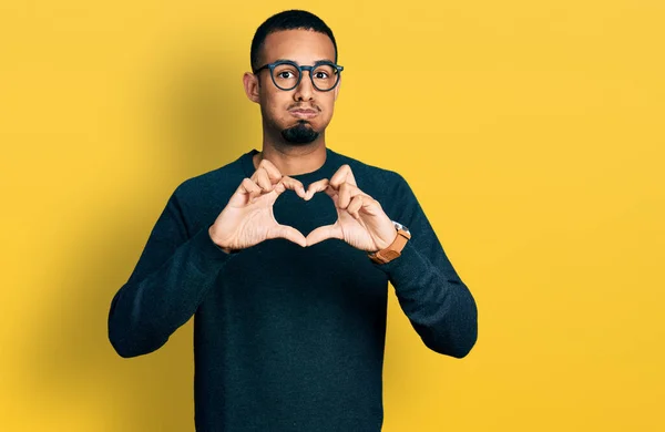 Young African American Man Doing Heart Symbol Hands Puffing Cheeks — Stock Fotó