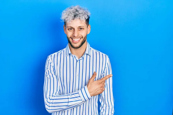 Young Hispanic Man Modern Dyed Hair Wearing Business Striped Shirt — Stockfoto